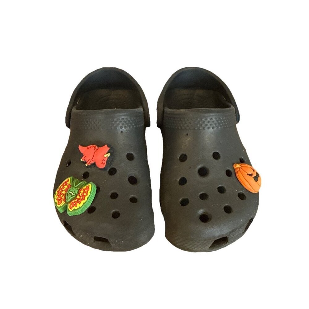 Crocs Toddler Size 10 10c Black Classic Clogs Unisex Dinosaur Pumpkin Jibbitz